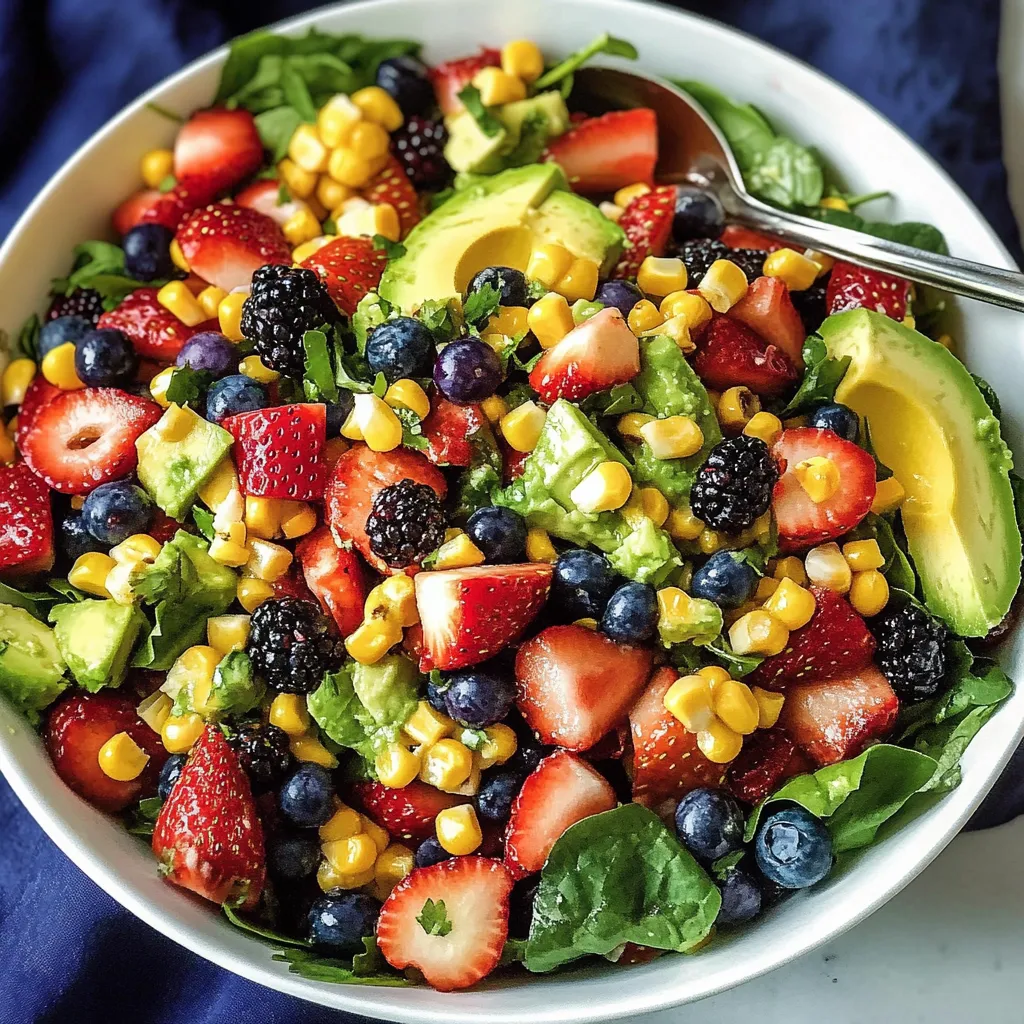 A bowl of fruit salad with strawberries, blueberries, corn, and avocado.