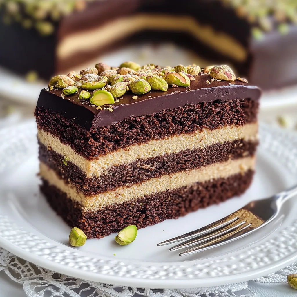 A slice of chocolate cake with nuts on top.