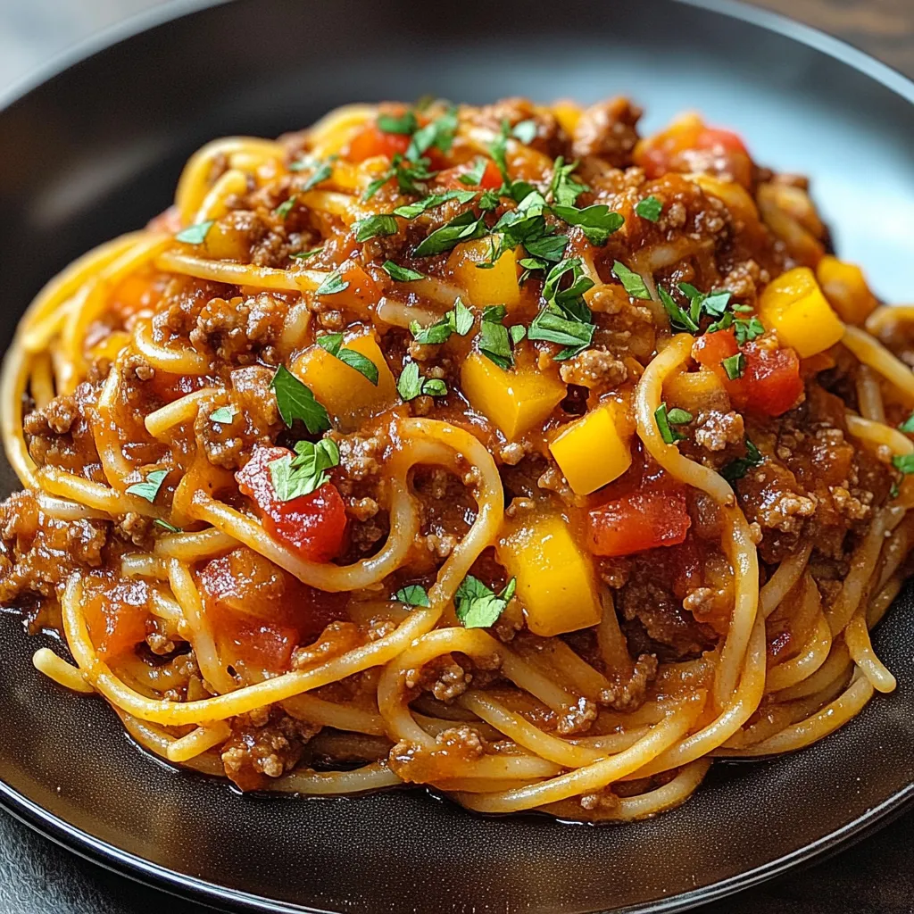 A plate of spaghetti with meat sauce and vegetables.